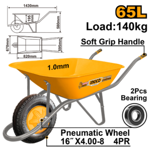 CARRINHO DE MAO INGCO 65L PNEU C/CAMARA CAPAC 140KG CHAPA 1,00MM HHWB4010P - 934019 - HHWB4010P