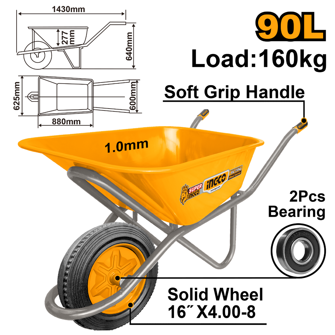 CARRINHO DE MAO INGCO 90L PNEU C/CAMARA CAPAC 160KG CHAPA 1,00MM HHWB418GD - 934021 - HHWB418GD