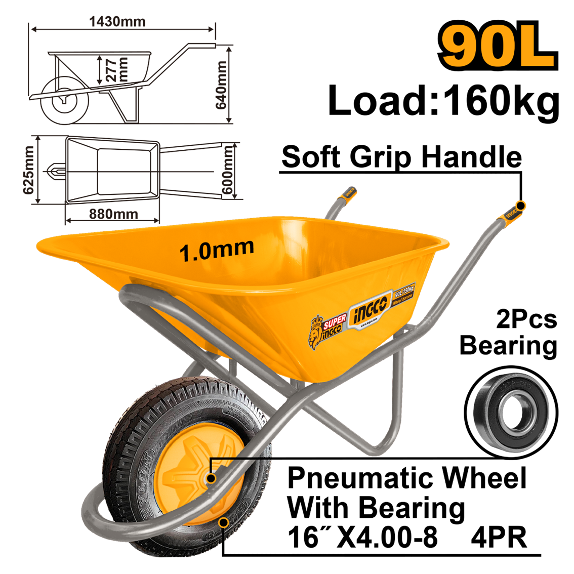 CARRINHO DE MAO INGCO 90L PNEU MACICO CAPAC 160KG CHAPA 1,00MM HHWB418GP - 934022 - HHWB418GP
