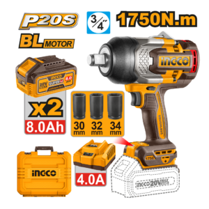 CHAVE DE IMPACTO A BATERIA INGCO 1750N.m20V CIWLI20175 ENCAIXE SEXT 3/4" kit com 2 baterias 8amp - 933647 - CIWLI20175