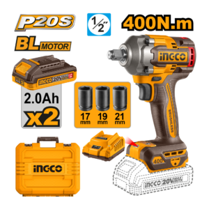 CHAVE DE IMPACTO A BATERIA INGCO 400N.m20V CIWLI2040-9 ENCAIXE SEXTAVADO 1/2"C/2BAT+1CARREG+3SOQUETE - 930080 - CIWLI2040-9
