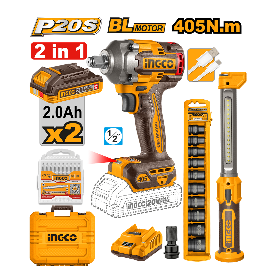 COMBO CHAVE DE IMPAC INGCO SEXT. 1/2" 405N.m À BAT ÍON-LÍTIO 20V C/2 BAT 2.0Ah + LAMP COSLI23056-9 - 934048 - COSLI23056-9