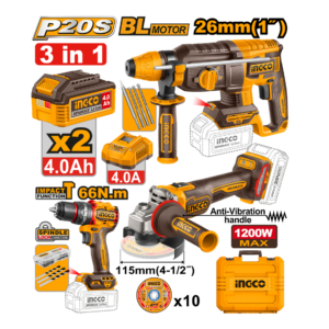 COMBO PARAFUSADEIRA 66N.m MARTELETE 2.5J ESMERILHADEIRA 4.1/2" 1200W C/2 BA 4.0H CKLI202598-9 INGCO - 934754 - CKLI202598-9