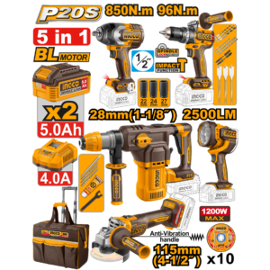 COMBO PARAFUSADEIRA 96N.m+CHAVE IMP 850N.m+ESMER 4.1/2" 1200W+MART 4.5J+LANTERNA COSLI251193 INGCO - 934029 - COSLI251193