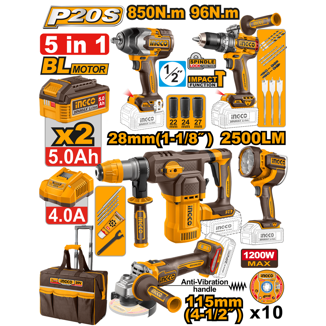 COMBO PARAFUSADEIRA 96N.m+CHAVE IMP 850N.m+ESMER 4.1/2" 1200W+MART 4.5J+LANTERNA COSLI251193 INGCO - 934029 - COSLI251193