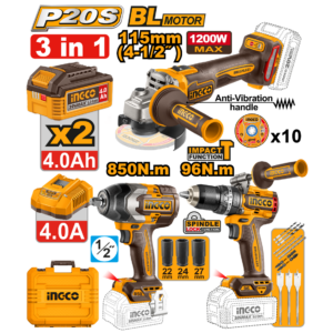 COMBO PARAFUSADEIRA 96N.m+CHAVE IMPACTO 850N.m+ESMERILH 4.1/2" 1200W C/2 BAT 4.0aH COSLI251292 INGCO - 934028 - COSLI251292