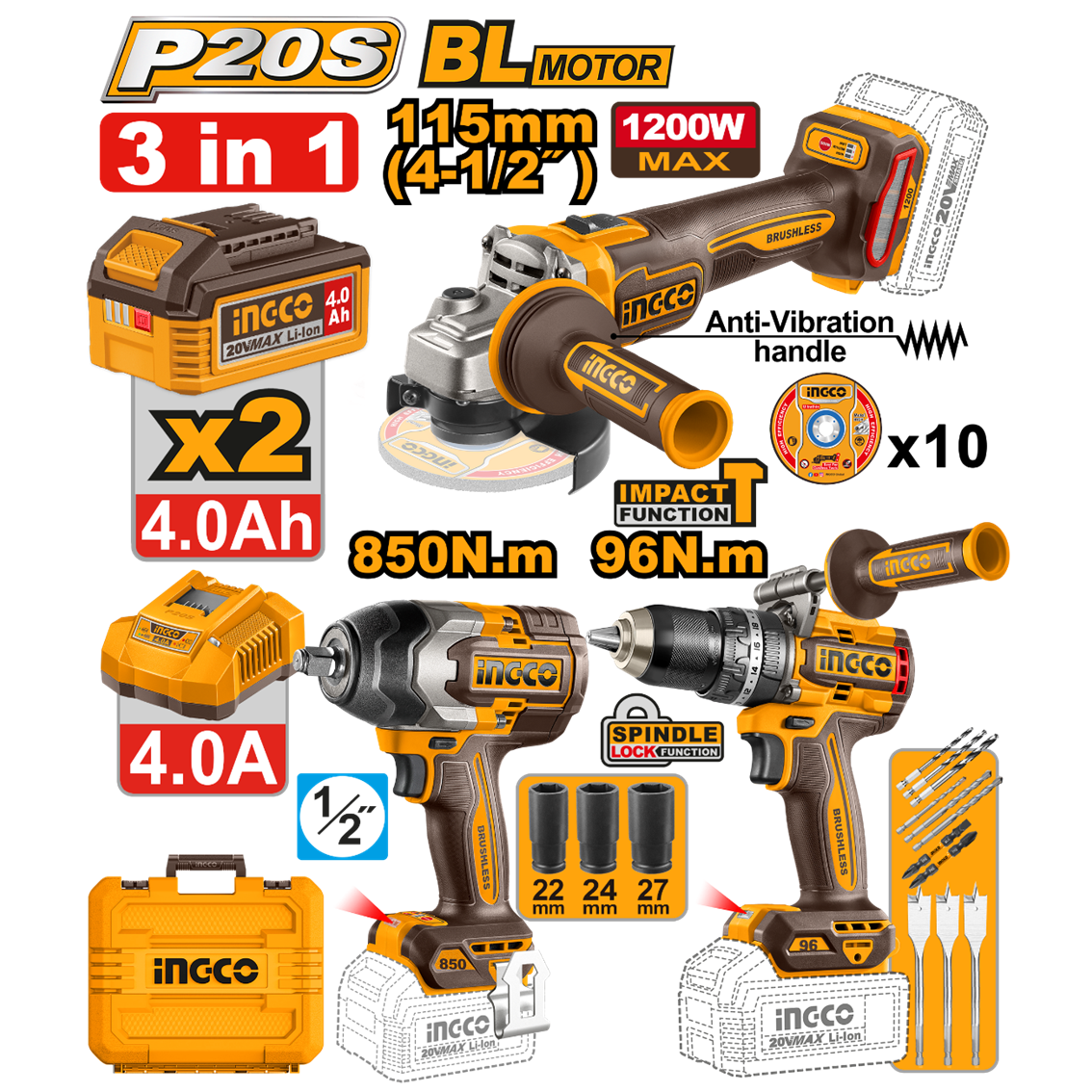 COMBO PARAFUSADEIRA 96N.m+CHAVE IMPACTO 850N.m+ESMERILH 4.1/2" 1200W C/2 BAT 4.0aH COSLI251292 INGCO - 934028 - COSLI251292