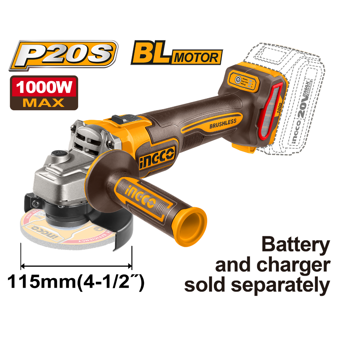 ESMERILHADEIRA ANG A BATERIA 41/2" INGCO 20V 1000W BRUSHLESS CAGLI27153 (NAO ACOMPANHA BATERIA) - 932330 - CAGLI27153