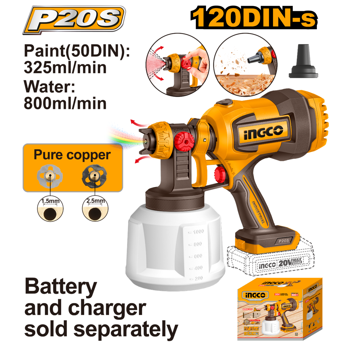 PISTOLA DE PINTURA A BATERIA 20V ION-LITIO 800ML/MIN CSGLI2004 INGCO (NÃO ACOMPANHA BATERIA) - 932348 - CSGLI2004