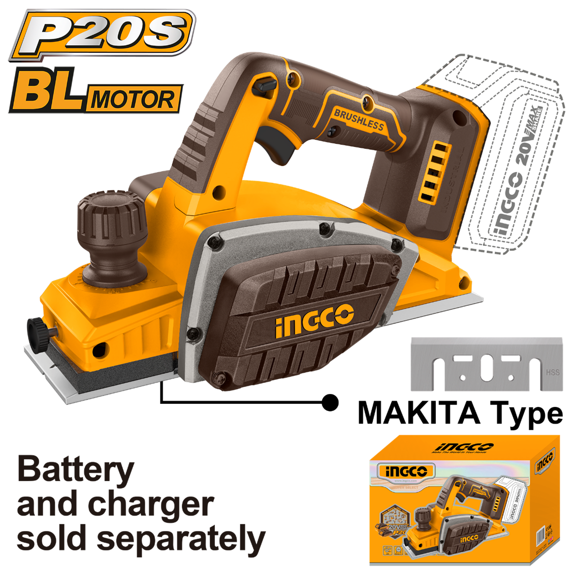 PLAINA ELETRICA INGCO 20V BRUSHLESS A BATERIA CRLI20401 INGCO (NAO ACOMPANHA BATERIA) - 933755 - CRLI20401