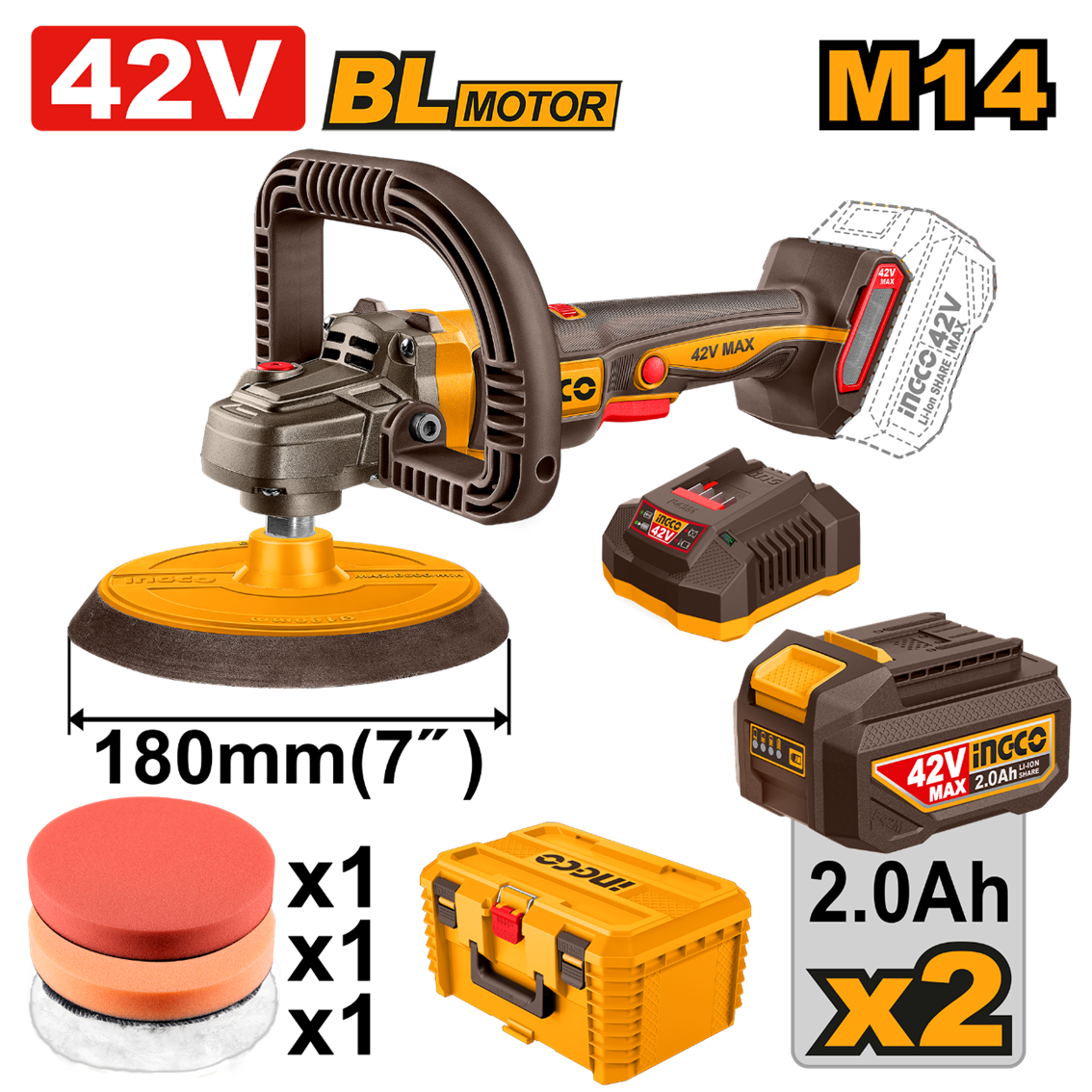 POLITRIZ ANGULAR BRUSHLESS INDUSTRIAL 180MM À BATERIA 42V INGCO C/2 BAT 2.0A.h APLI42182 INGCO - 934087 - APLI42182