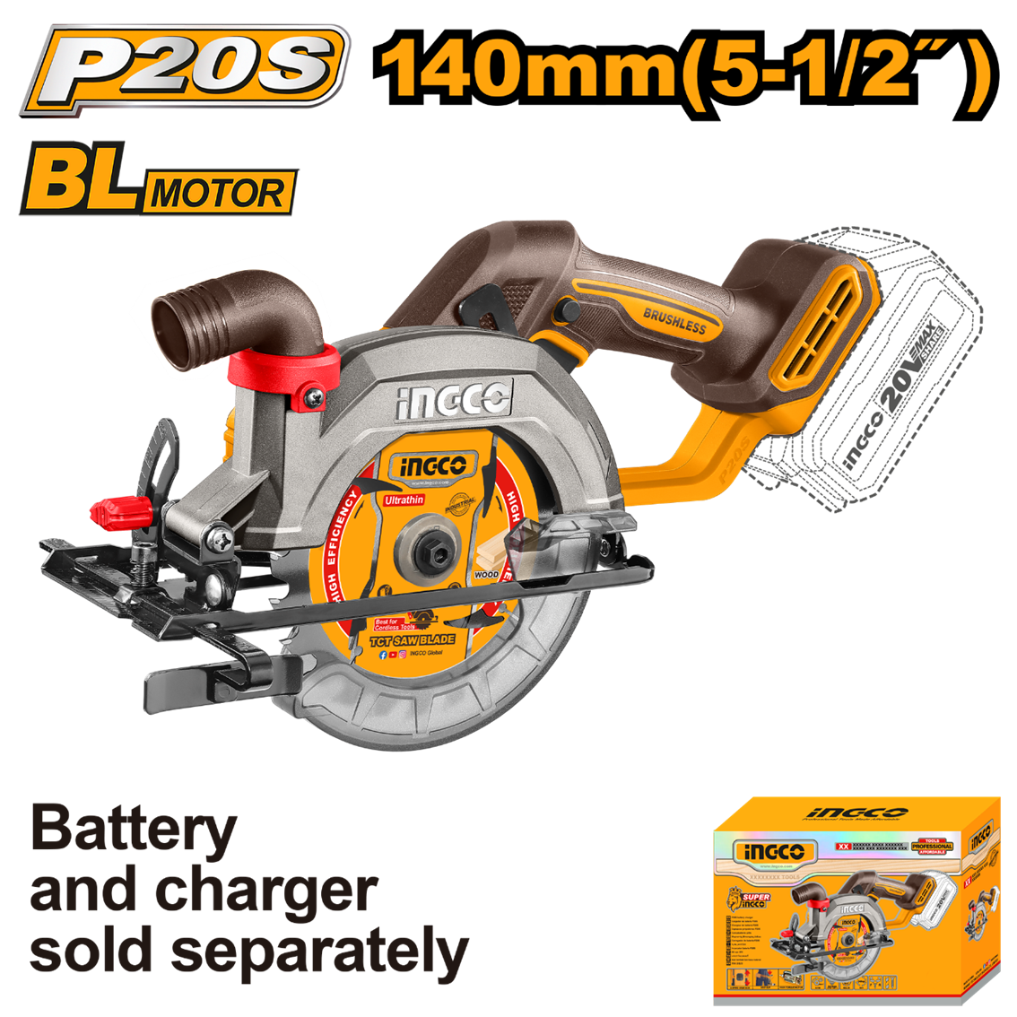 SERRA CIRCULAR A BATERIA 20V INGCO 5.1/2" BRUSHLESS CSLI1402 (NAO ACOMPANHA BATERIA) - 931269 - CSLI1402