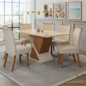 MESA HENN SOLUS 1600X800 VIDRO ARRED/OFF SC27-127 C/6 CADEIRAS NINA CREME S32-538 - 933214 - S32-538 HENN